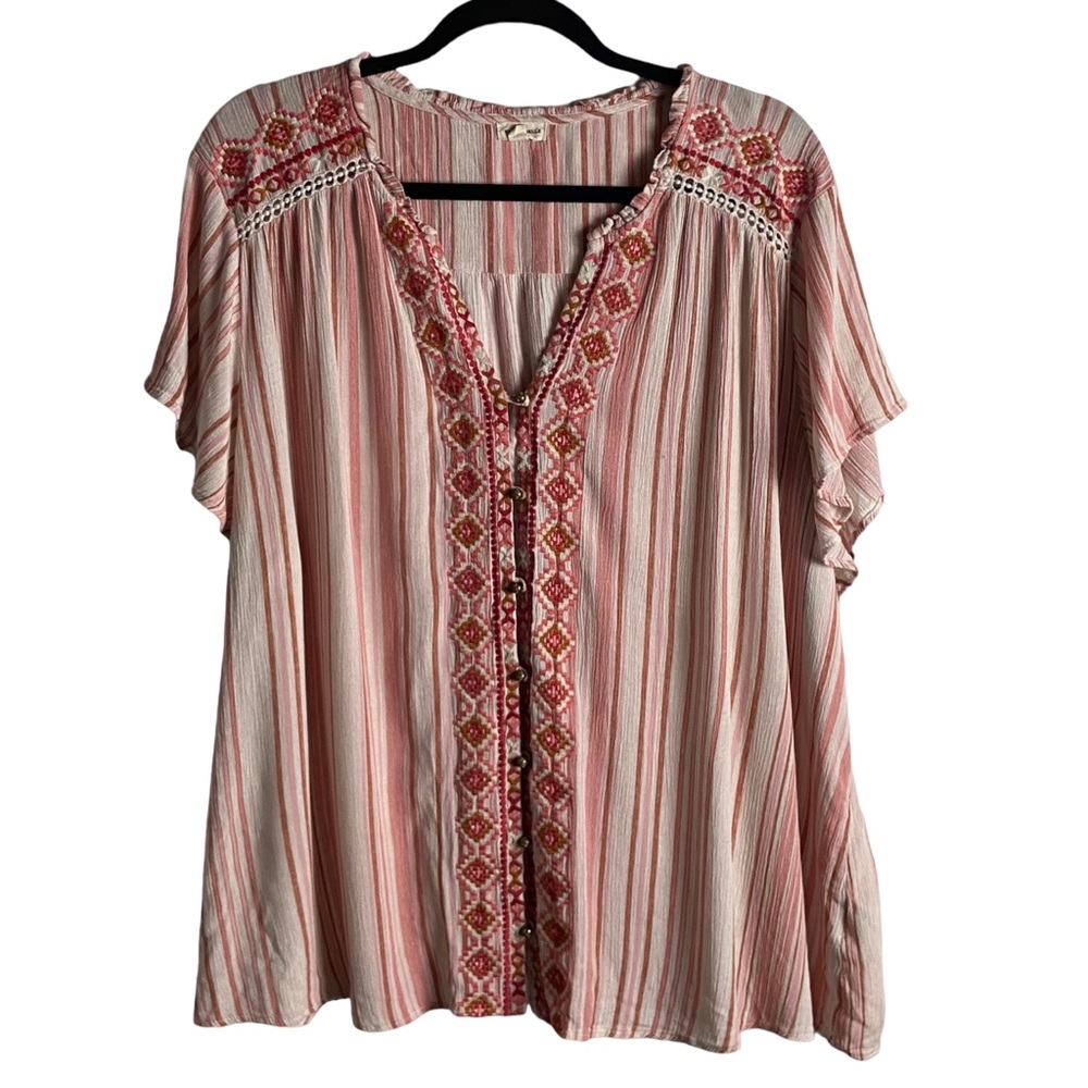 Mason & Belle Size 3x Blouse Embroidered Bohemian Striped Pink Button Down Cream